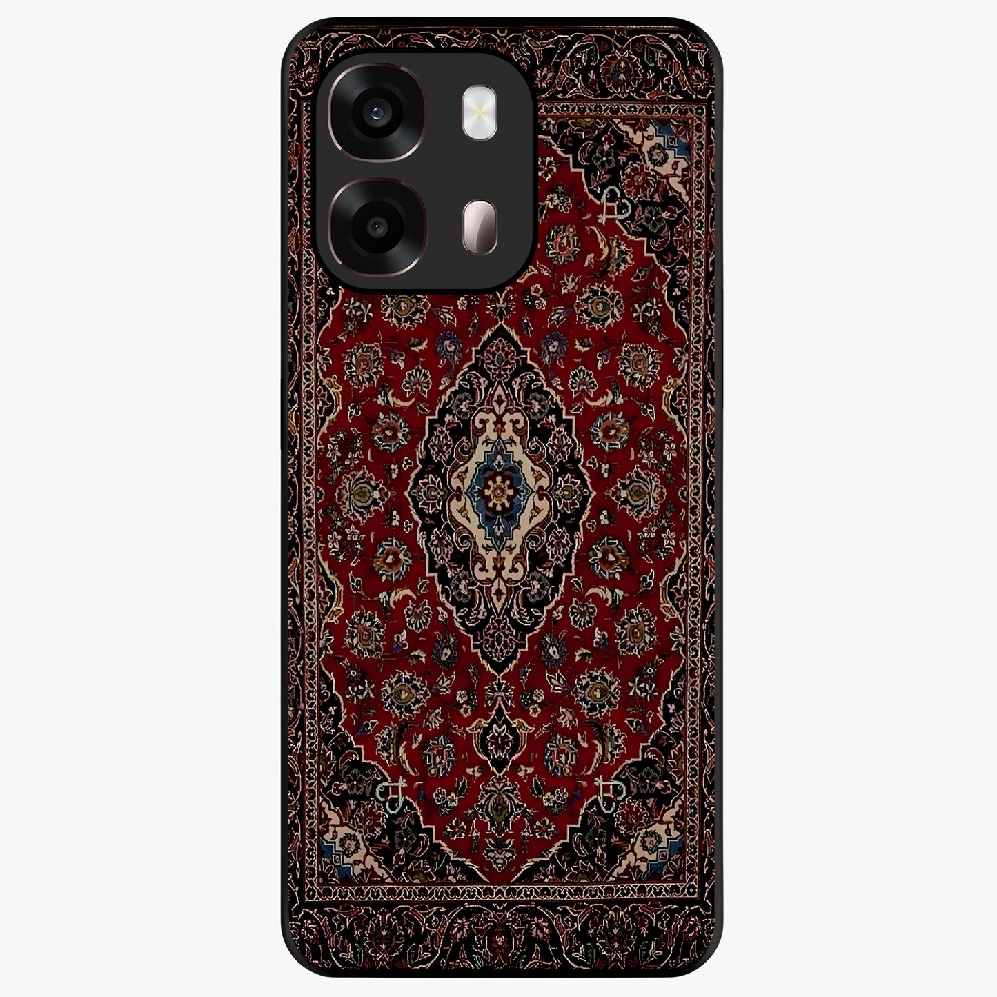 Heritage Carpet Royale Glass Case showing flat back view with ornate Persian carpet inspired pattern and glossy glass finish.