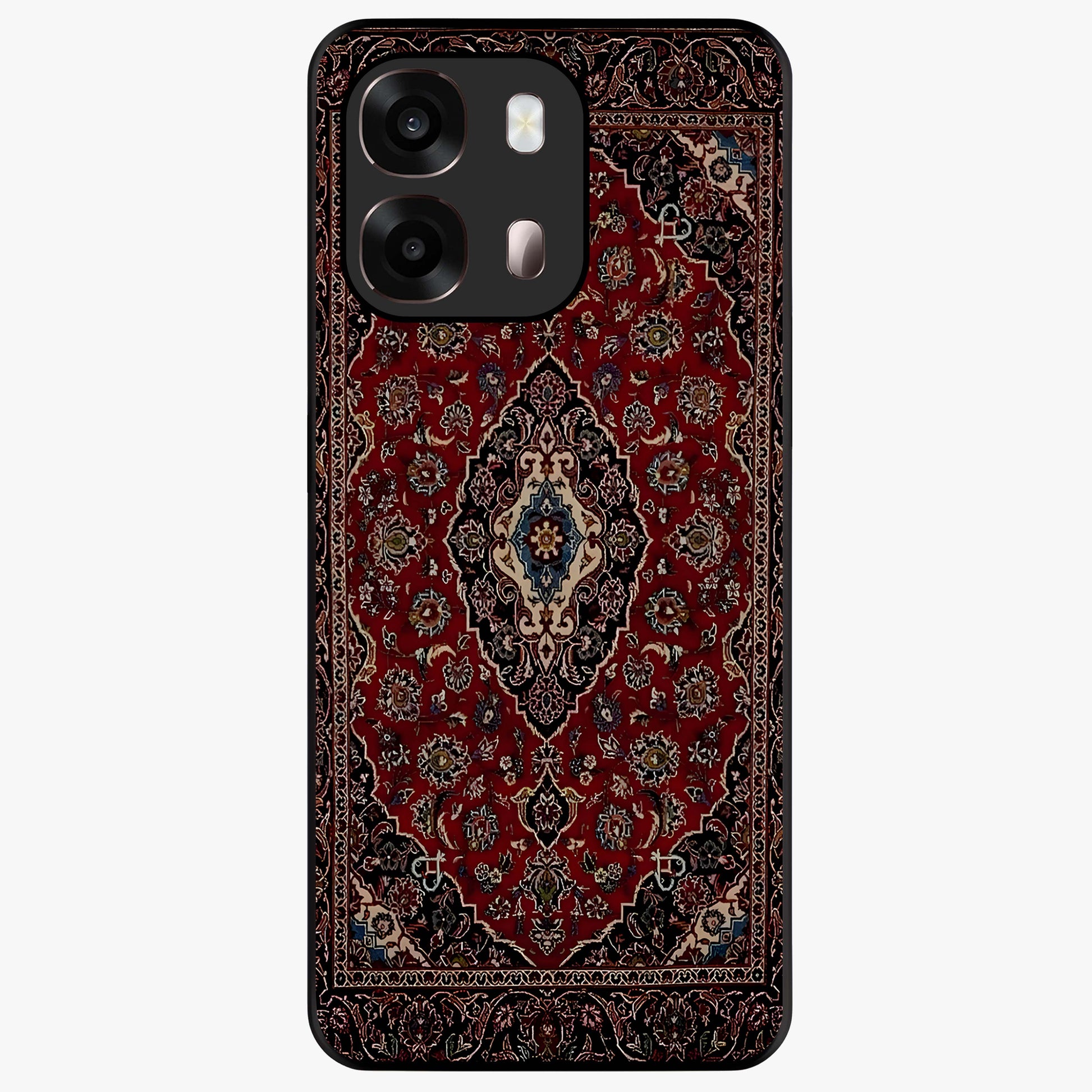 Heritage Carpet Royale Glass Case showing flat back view with ornate Persian carpet inspired pattern and glossy glass finish.
