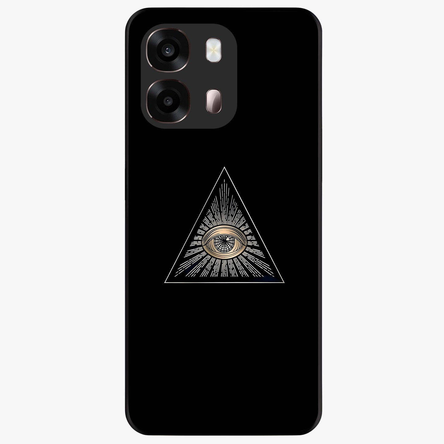 Illuminati Evil Glass Case showing flat back view with mysterious illuminati symbol artwork and glossy glass finish.