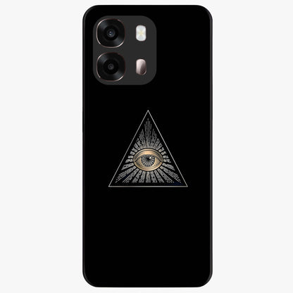Illuminati Evil Glass Case showing flat back view with mysterious illuminati symbol artwork and glossy glass finish.