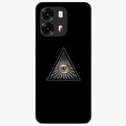 Illuminati Evil Glass Case showing flat back view with mysterious illuminati symbol artwork and glossy glass finish.