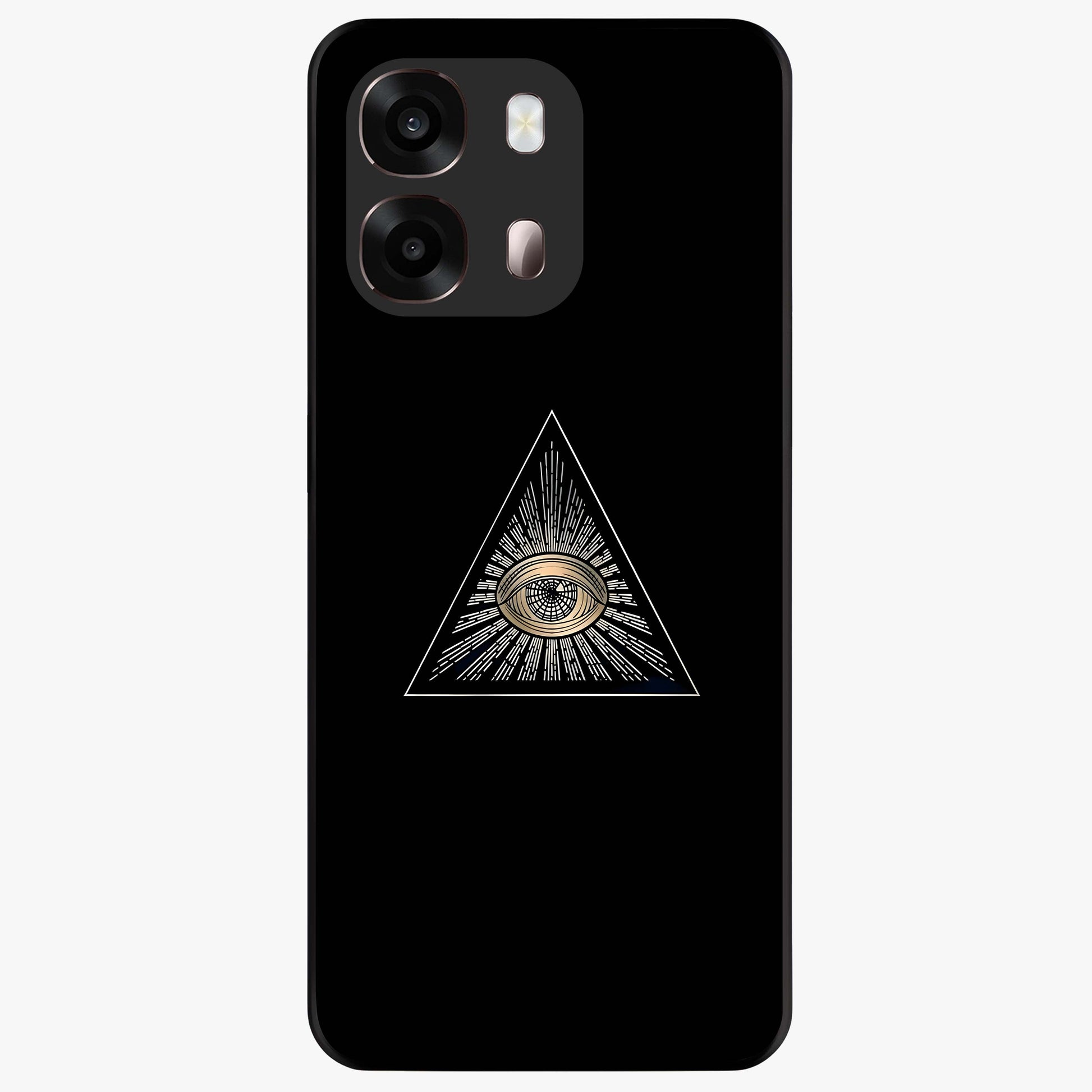 Illuminati Evil Glass Case showing flat back view with mysterious illuminati symbol artwork and glossy glass finish.