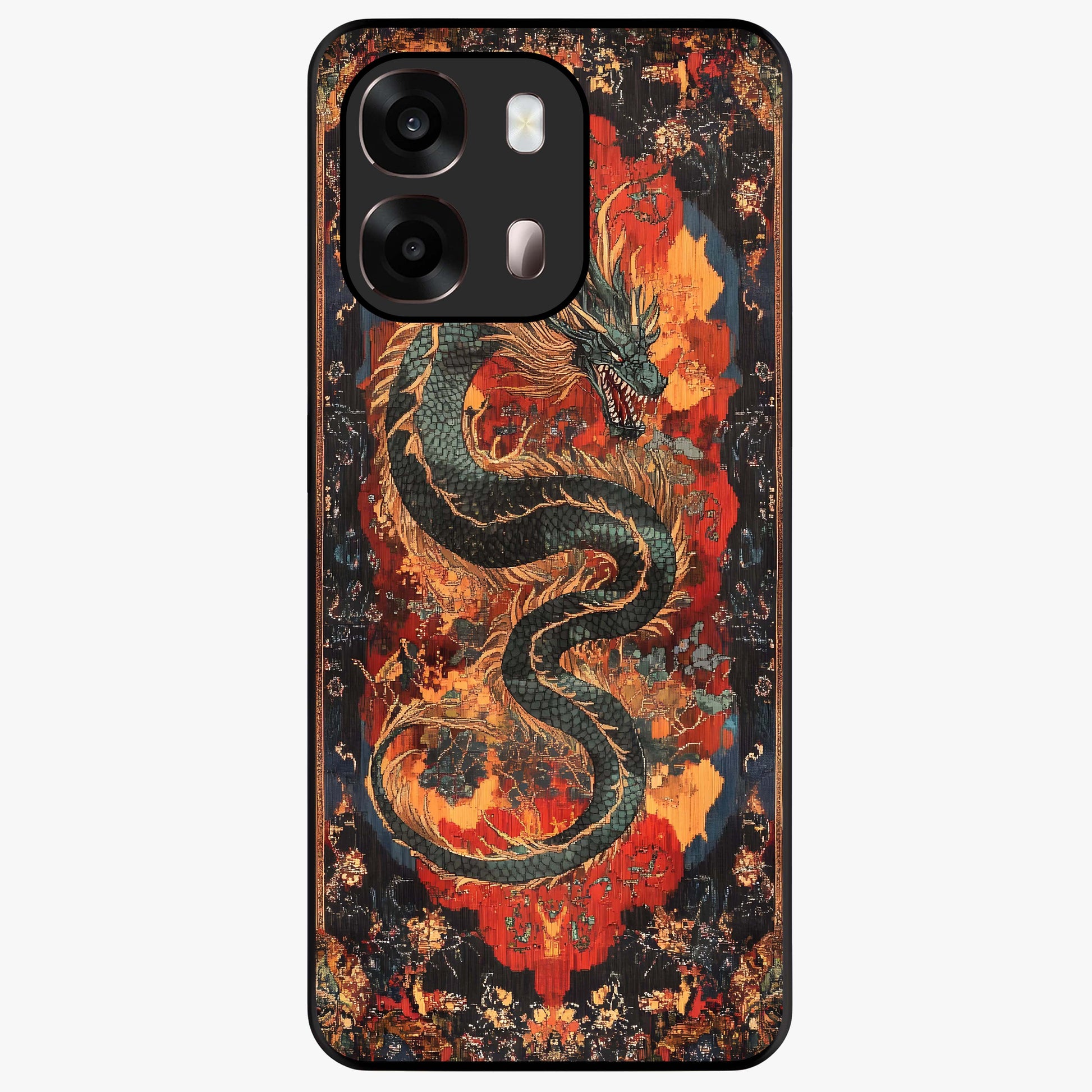 Inferno Dragon Soul Glass Case showing flat back view with fiery dragon artwork and glossy glass finish.