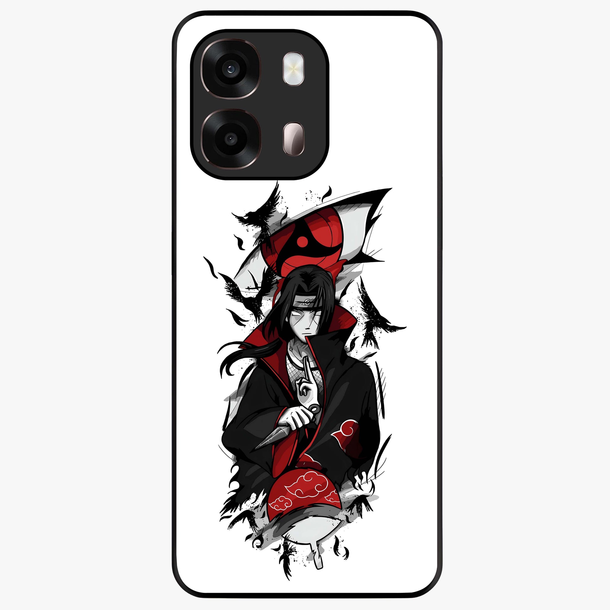 Itachi Sharingan Glass Case showing flat back view with powerful anime eye artwork and glossy glass finish.