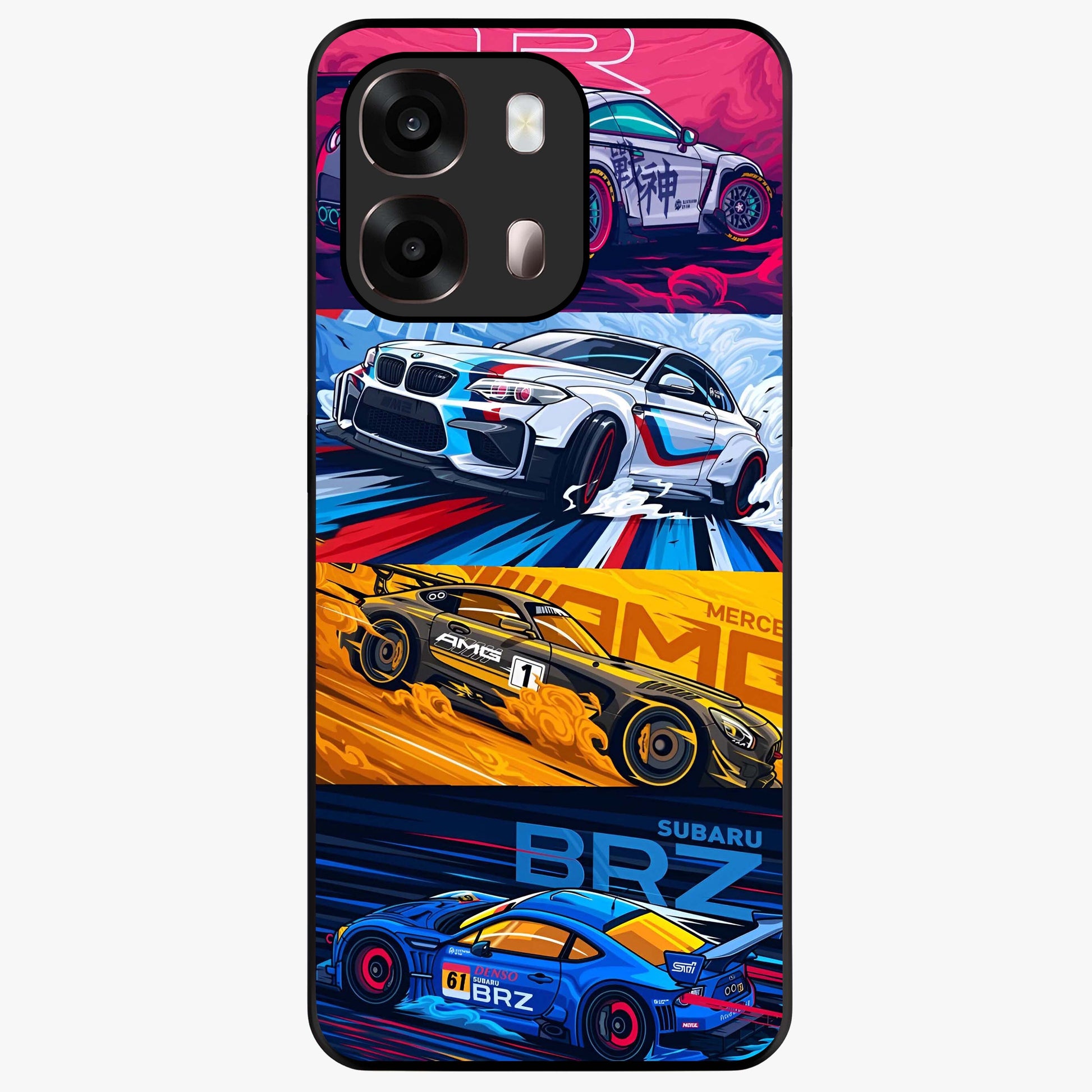 JDM Sports Car Glass Case showing flat back view with high performance sports car artwork and glossy glass finish.