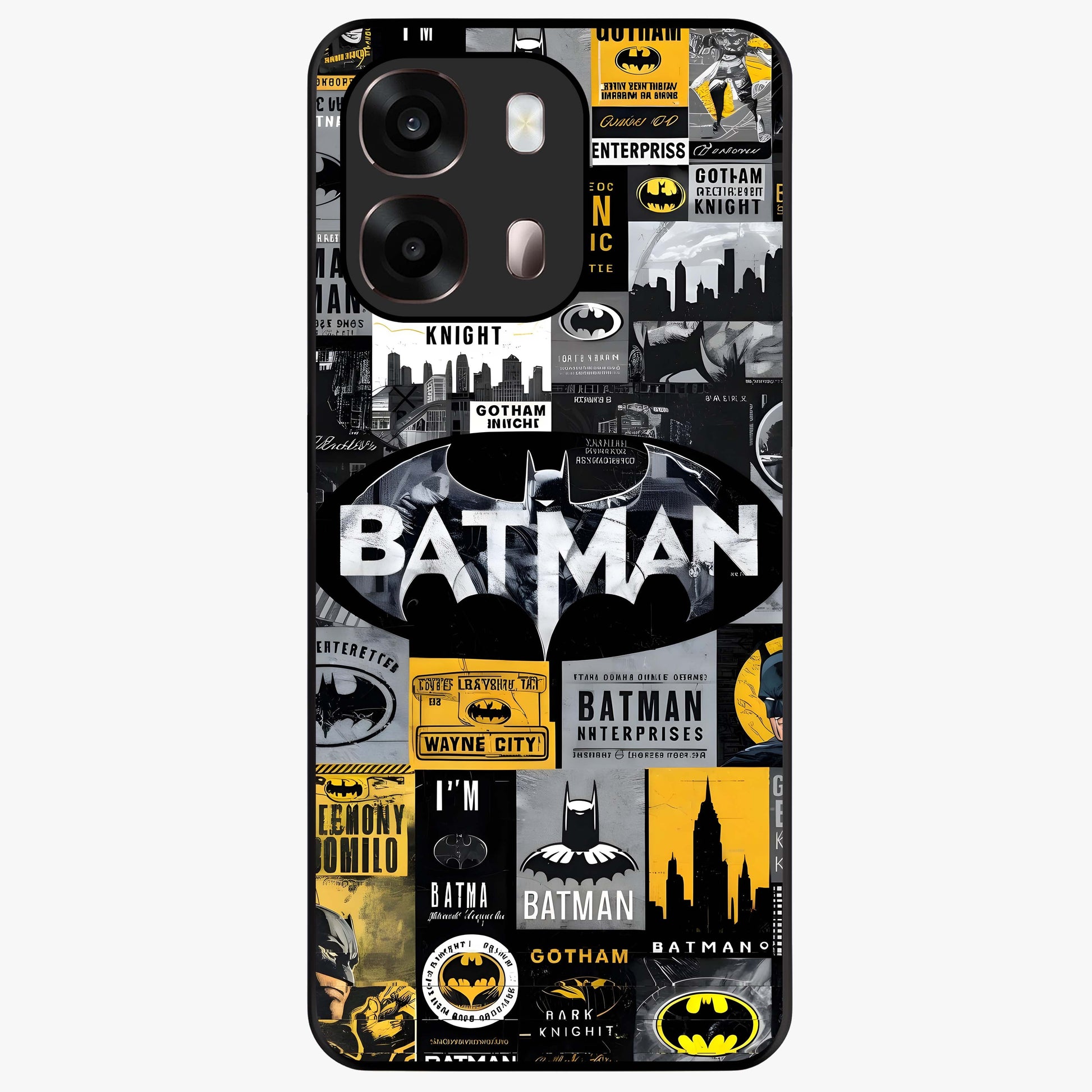Knight Gotham Rise Glass Case showing flat back view with dark hero inspired artwork and glossy glass finish.