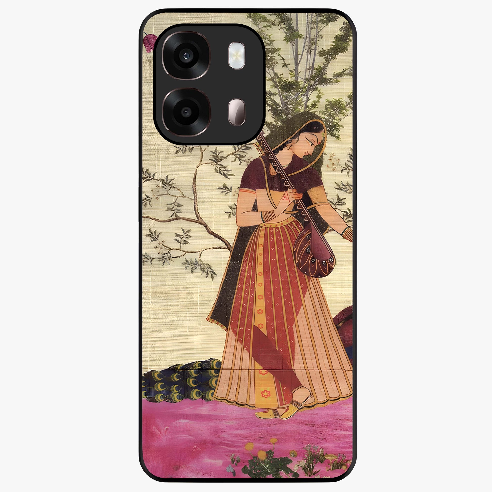 Lady With Veena Art Glass Case showing flat back view with elegant woman playing veena artwork and glossy glass finish.