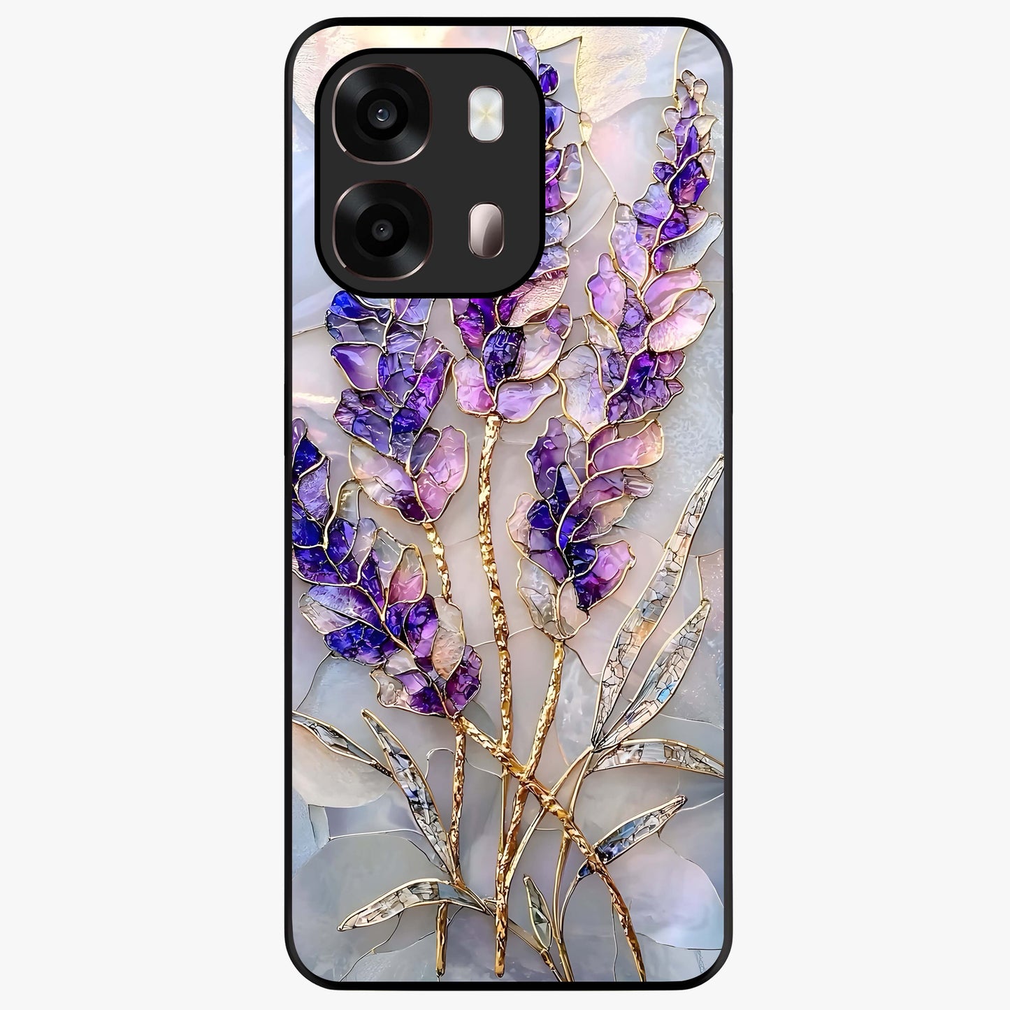 Lavender Dream Glow Glass Case showing flat back view with glowing lavender aesthetic artwork and glossy glass finish.