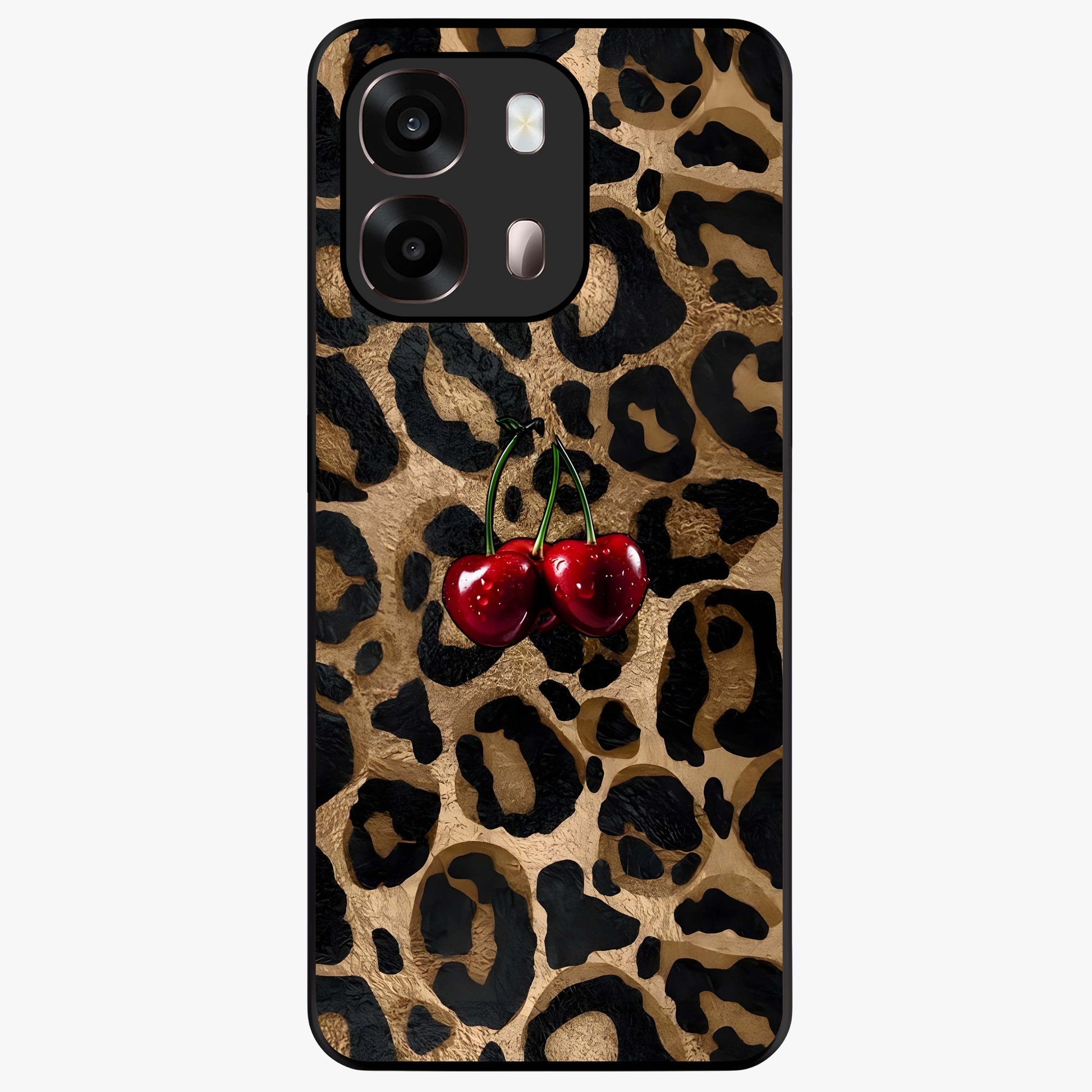 Leopard Wild Cherry Glass Case showing flat back view with leopard pattern and cherry artwork and glossy glass finish.