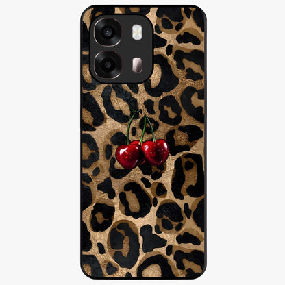 Leopard Wild Cherry Glass Case showing flat back view with leopard pattern and cherry artwork and glossy glass finish.