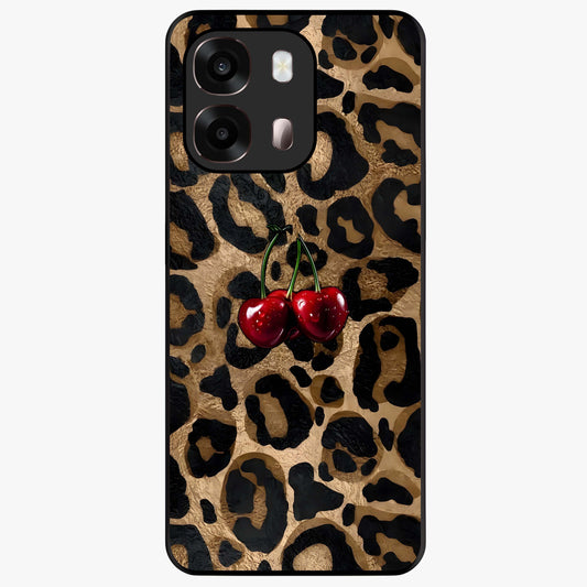 Leopard Wild Cherry Glass Case showing flat back view with leopard pattern and cherry artwork and glossy glass finish.
