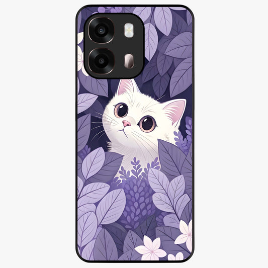 Lilac Hide Peek Cat Glass Case showing flat back view with cute peeking cat artwork and glossy glass finish.