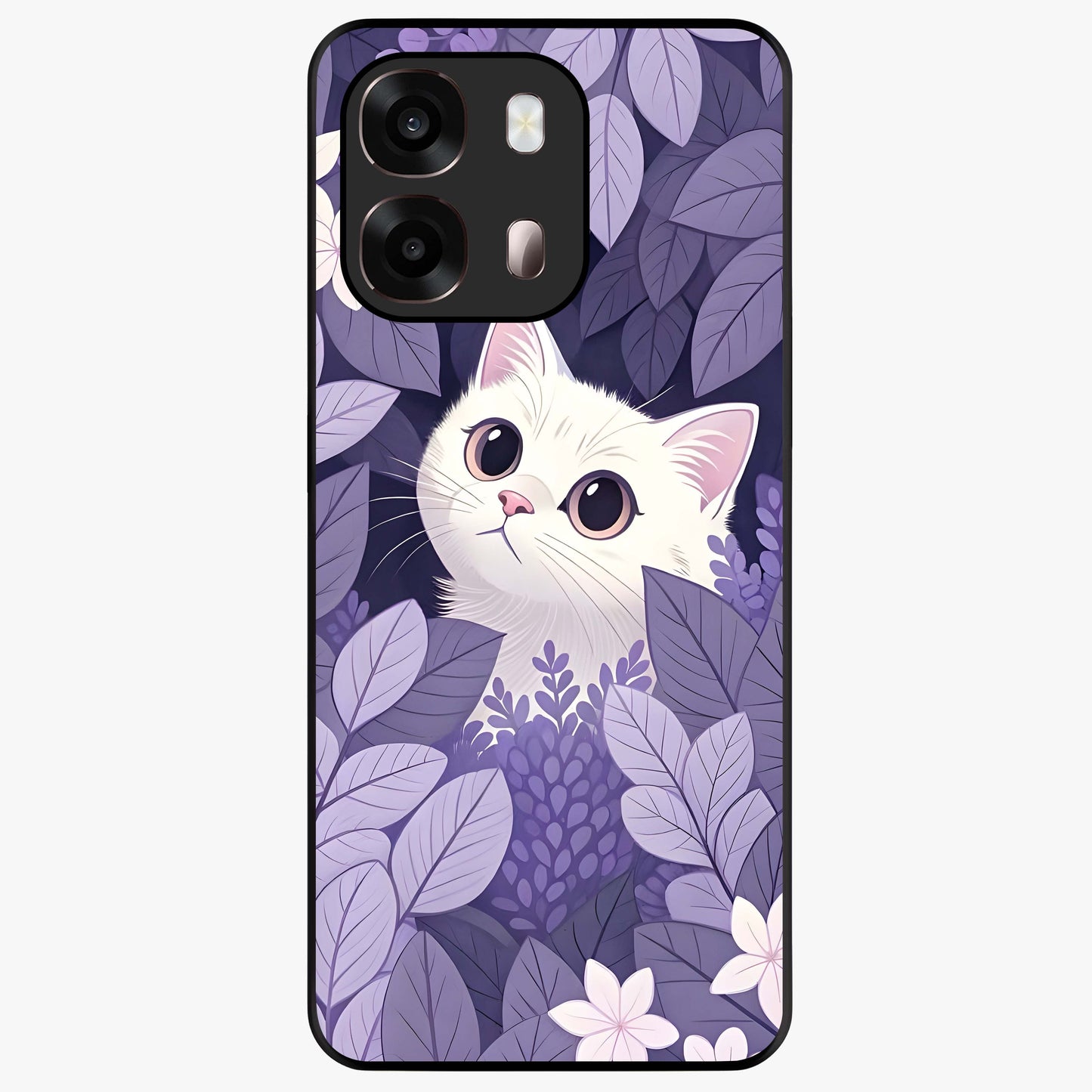 Lilac Hide Peek Cat Glass Case showing flat back view with cute peeking cat artwork and glossy glass finish.