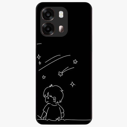 Line Art Boy With Shooting Stars Glass Case showing flat back view with minimal line art boy and shooting stars illustration and glossy glass finish.