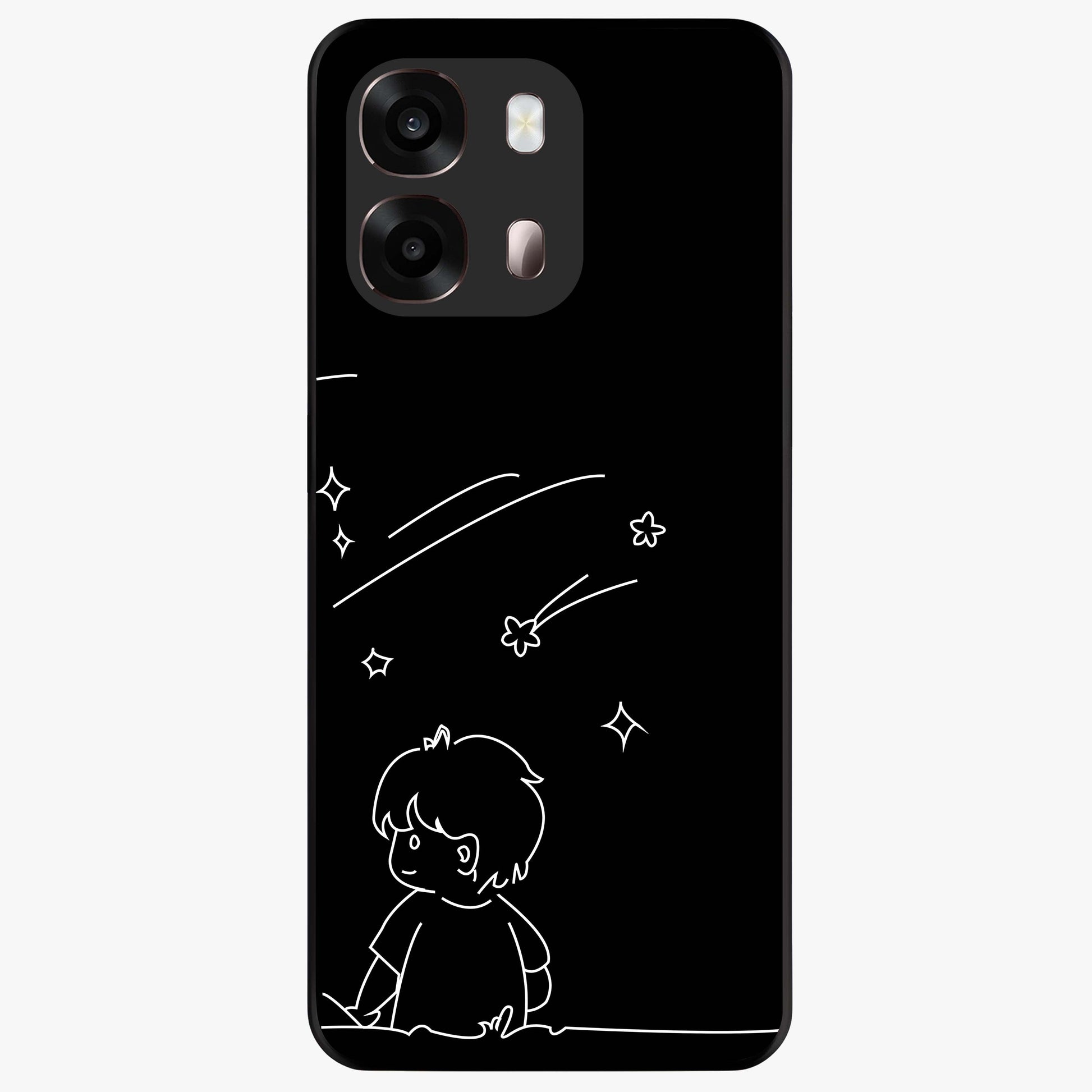 Line Art Boy With Shooting Stars Glass Case showing flat back view with minimal line art boy and shooting stars illustration and glossy glass finish.