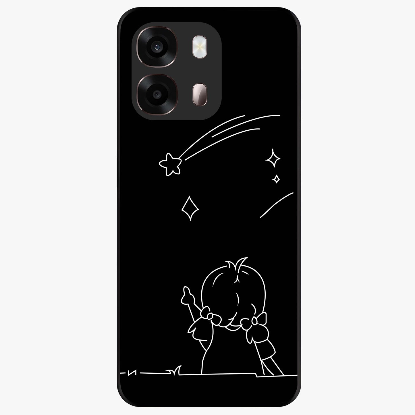 Line Art Girl With Shooting Stars Glass Case showing flat back view with minimal line art girl and shooting stars illustration and glossy glass finish.