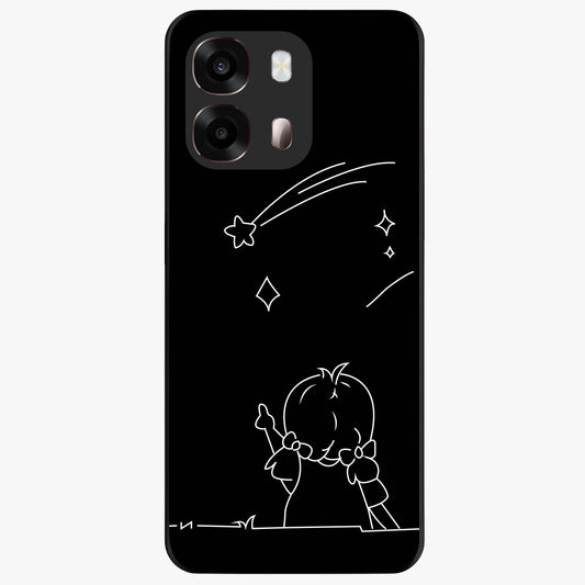 Line Art Girl With Shooting Stars Glass Case showing flat back view with minimal line art girl and shooting stars illustration and glossy glass finish.