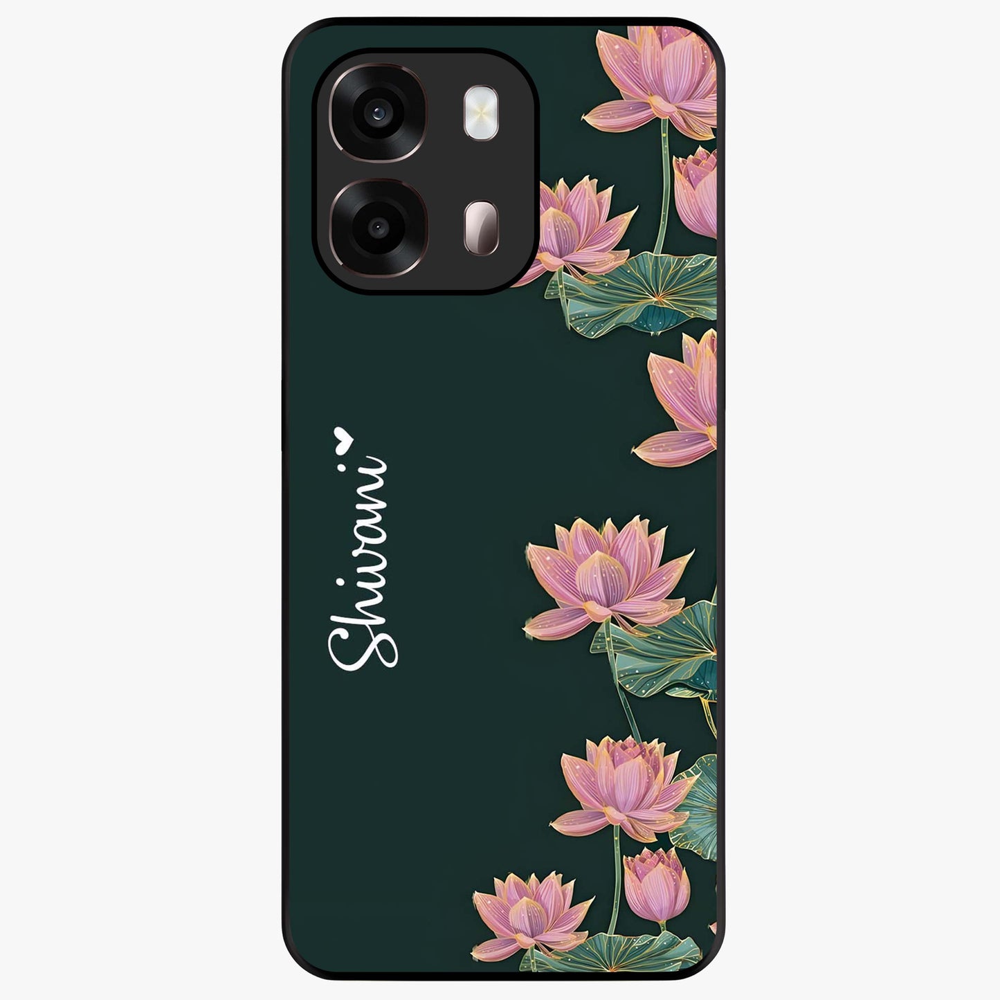 Lotus Bloom Serenity Custom Name Glass Case showing flat back view with elegant lotus flower artwork and personalized name design.