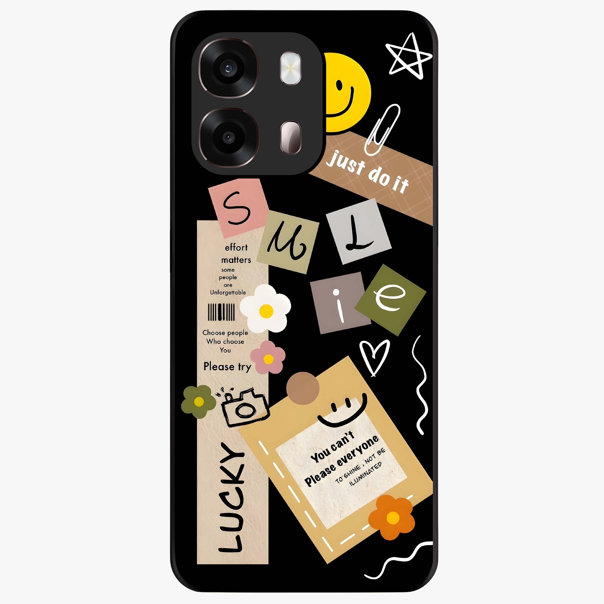 Lucky Aesthetic Collage Glass Case showing flat back view with trendy aesthetic collage artwork and glossy glass finish.