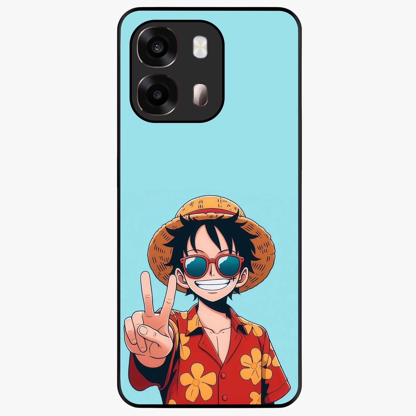 Luffy Summer Anime Vibe Glass Case showing flat back view with vibrant anime character artwork and glossy glass finish.
