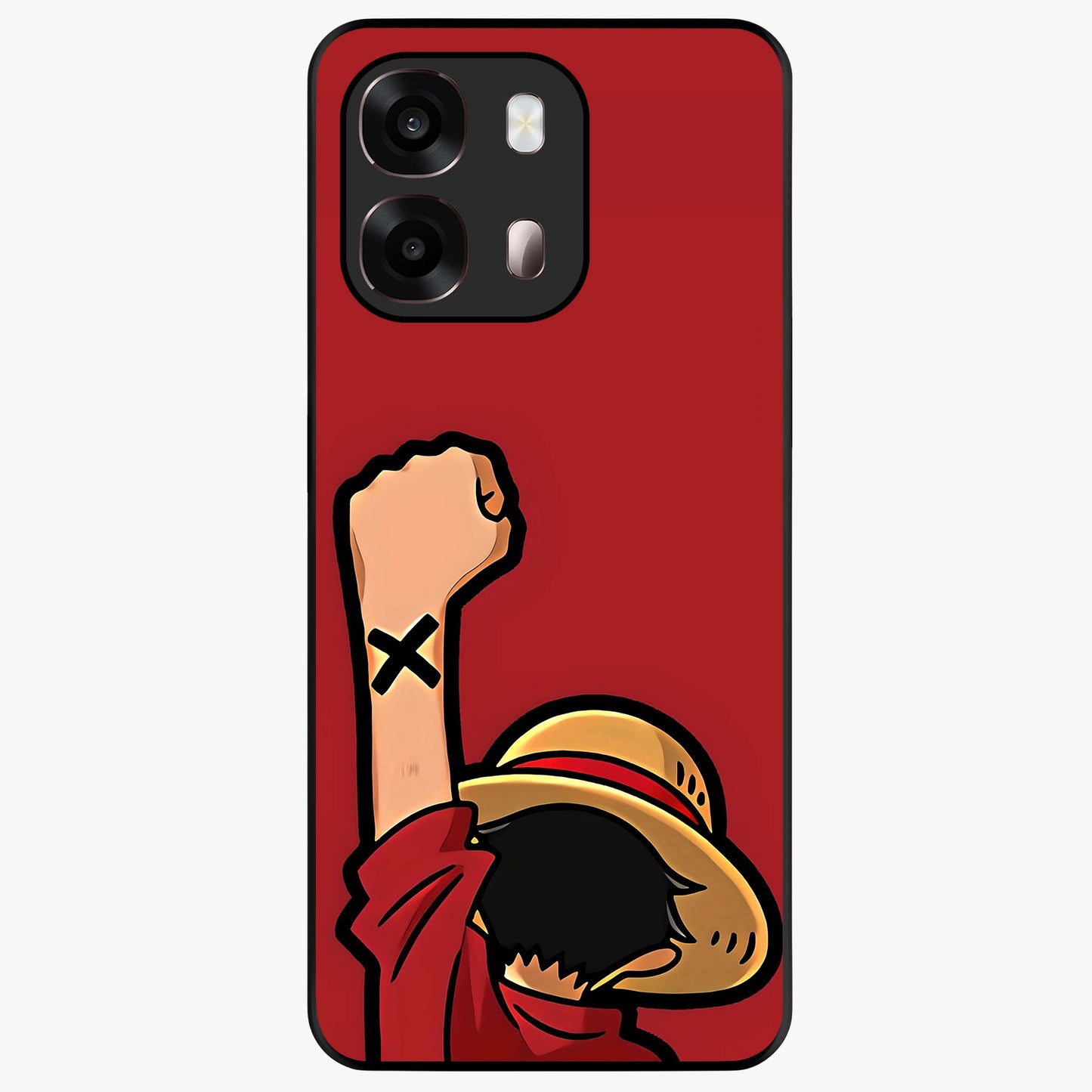 Luffy X Spirit Glass Case showing flat back view with bold anime character artwork and glossy glass finish.