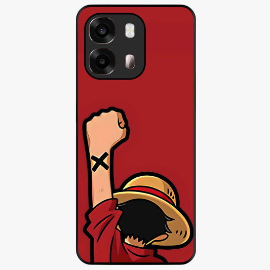 Luffy X Spirit Glass Case showing flat back view with bold anime character artwork and glossy glass finish.