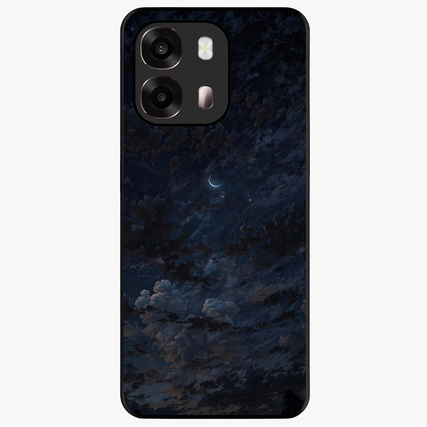 Lunar Veil Silence Glass Case showing flat back view with mystical moon veil artwork and glossy glass finish.
