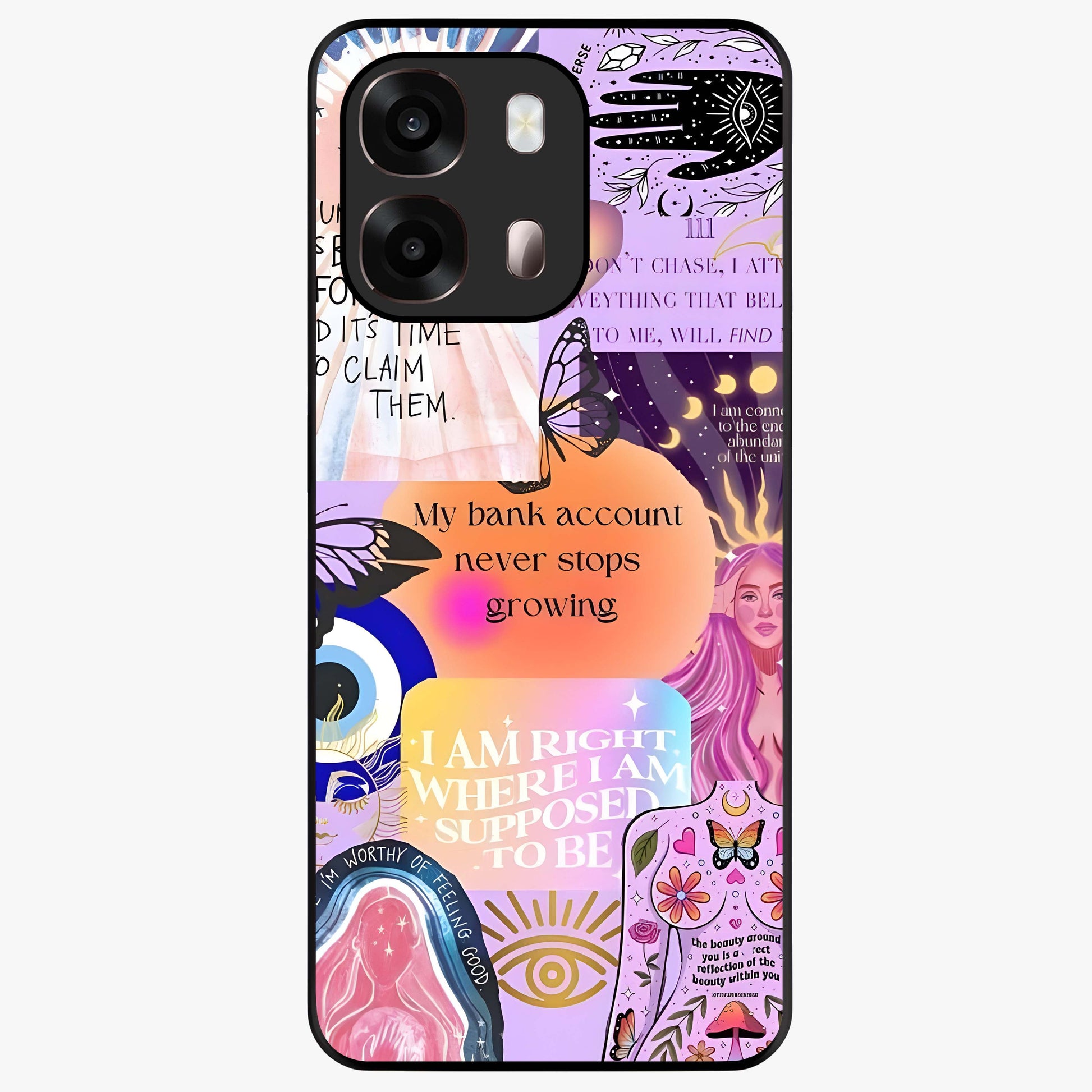 Manifestation Collage Glass Case showing flat back view with motivational collage artwork and glossy glass finish.