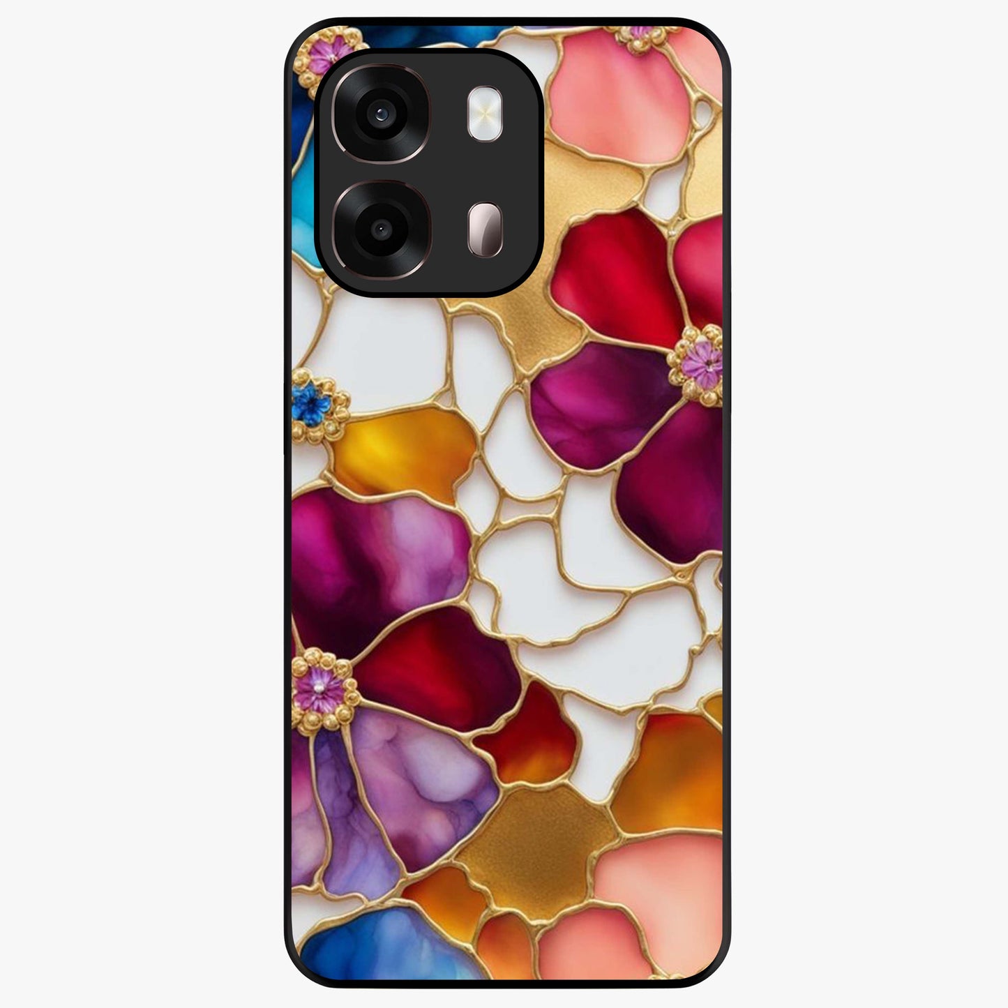 Marble Flower Pattern Glass Case showing flat back view with marble texture floral artwork and glossy glass finish.