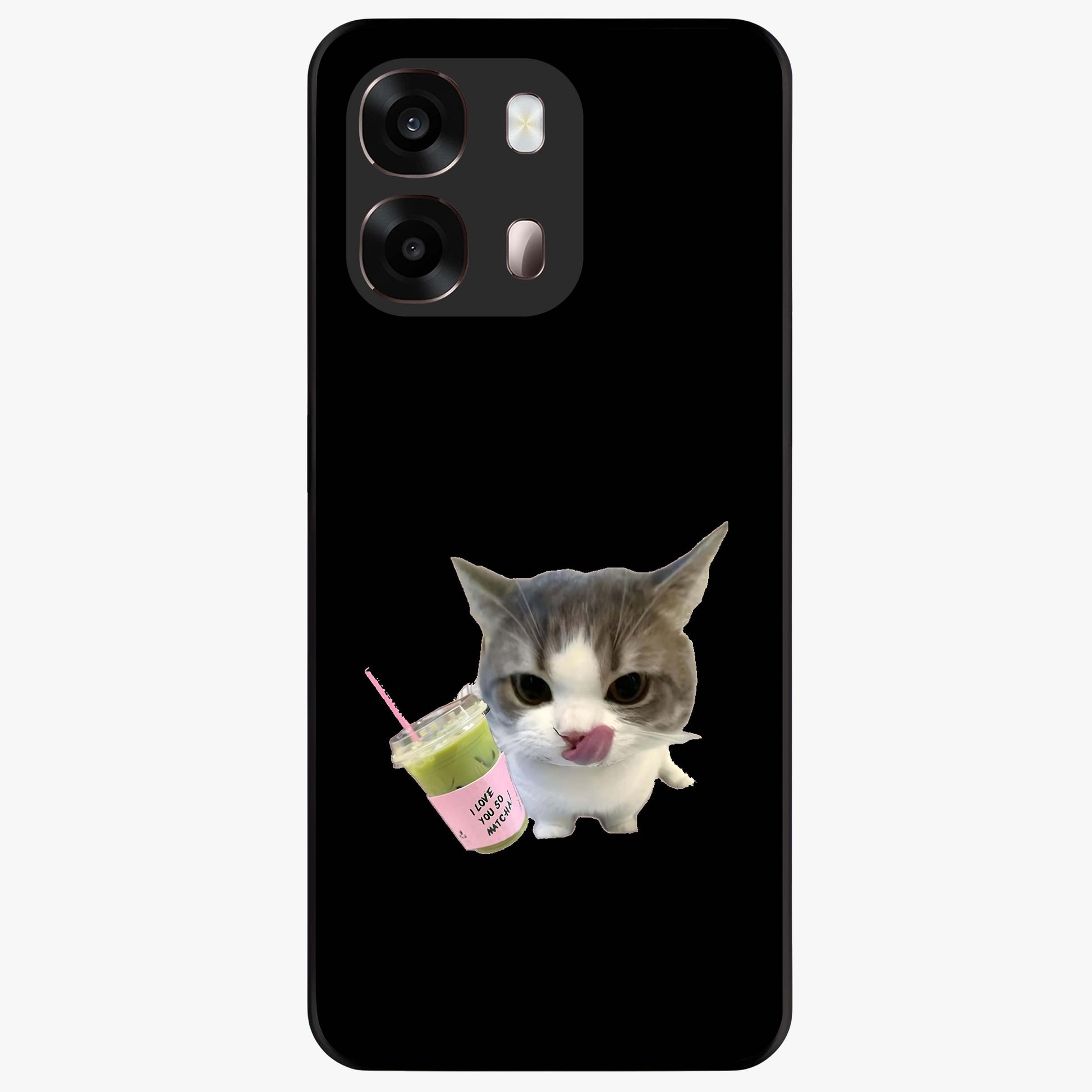 Matcha Cat Style Glass Case showing flat back view with cute matcha themed cat artwork and glossy glass finish.