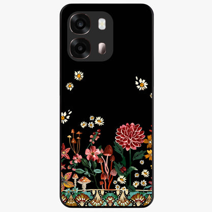 Midnight Bloom Pattern Glass Case showing flat back view with dark floral pattern artwork and glossy glass finish.