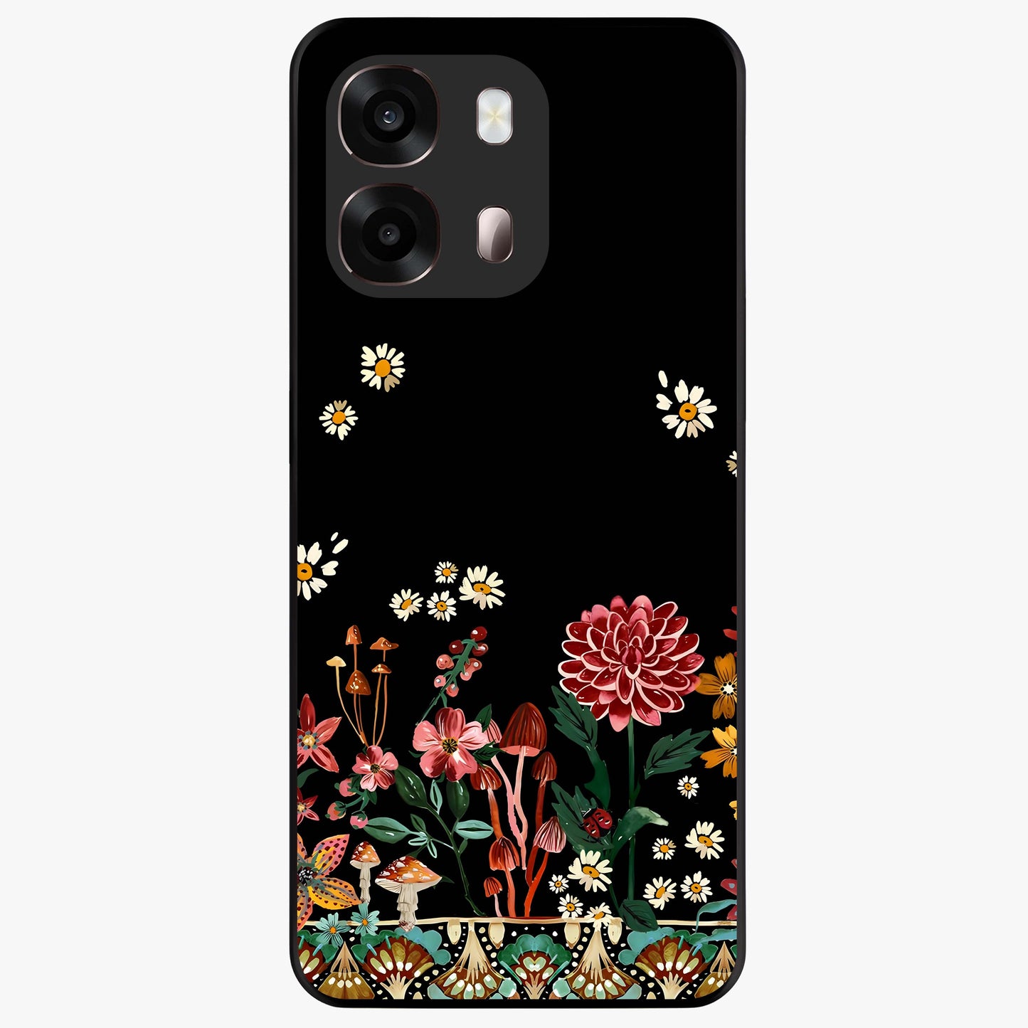 Midnight Bloom Pattern Glass Case showing flat back view with dark floral pattern artwork and glossy glass finish.