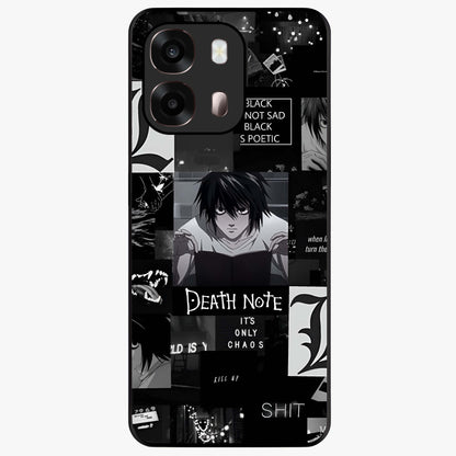Midnight Chaos Mind Glass Case showing flat back view with abstract dark themed artwork and glossy glass finish.