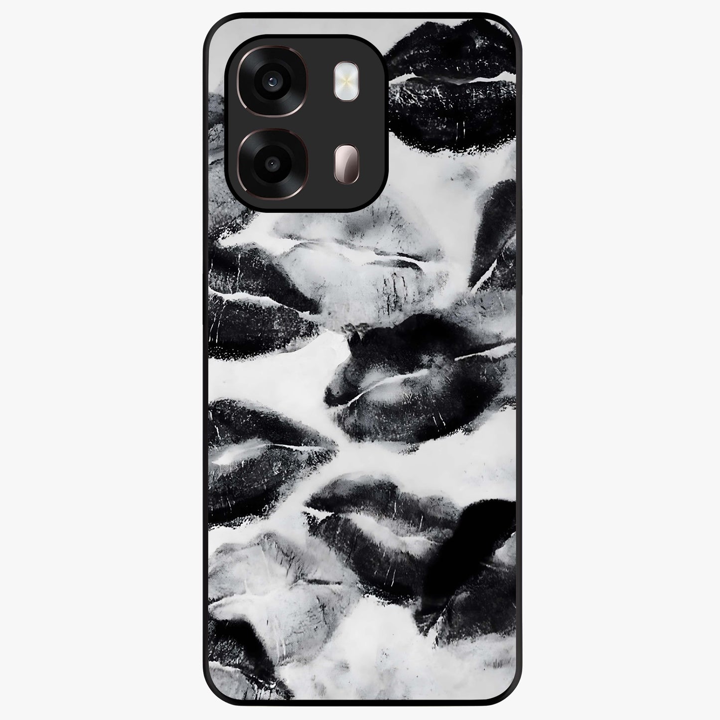 Midnight Kiss Marks Glass Case showing flat back view with lipstick kiss mark artwork and glossy glass finish.