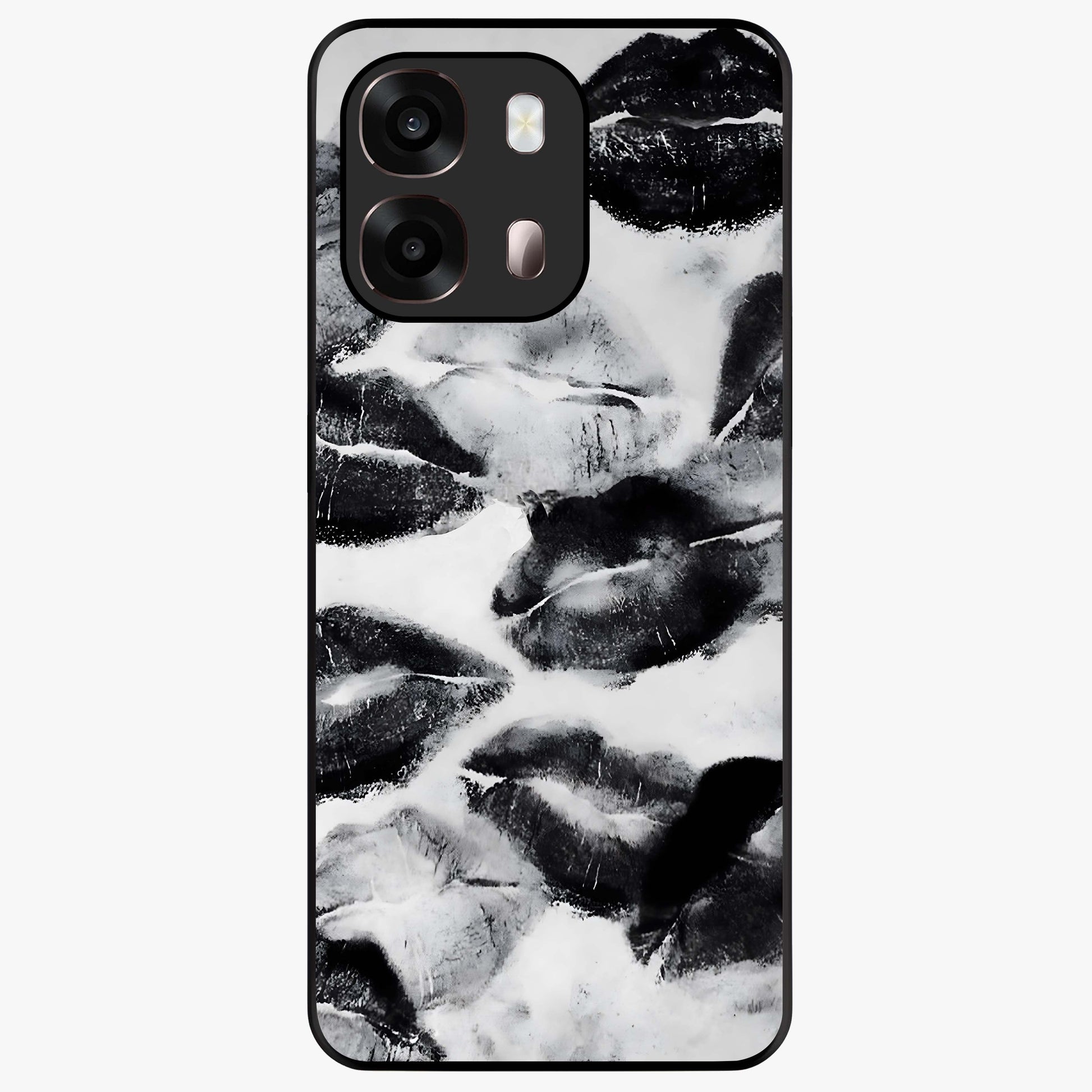 Midnight Kiss Marks Glass Case showing flat back view with lipstick kiss mark artwork and glossy glass finish.