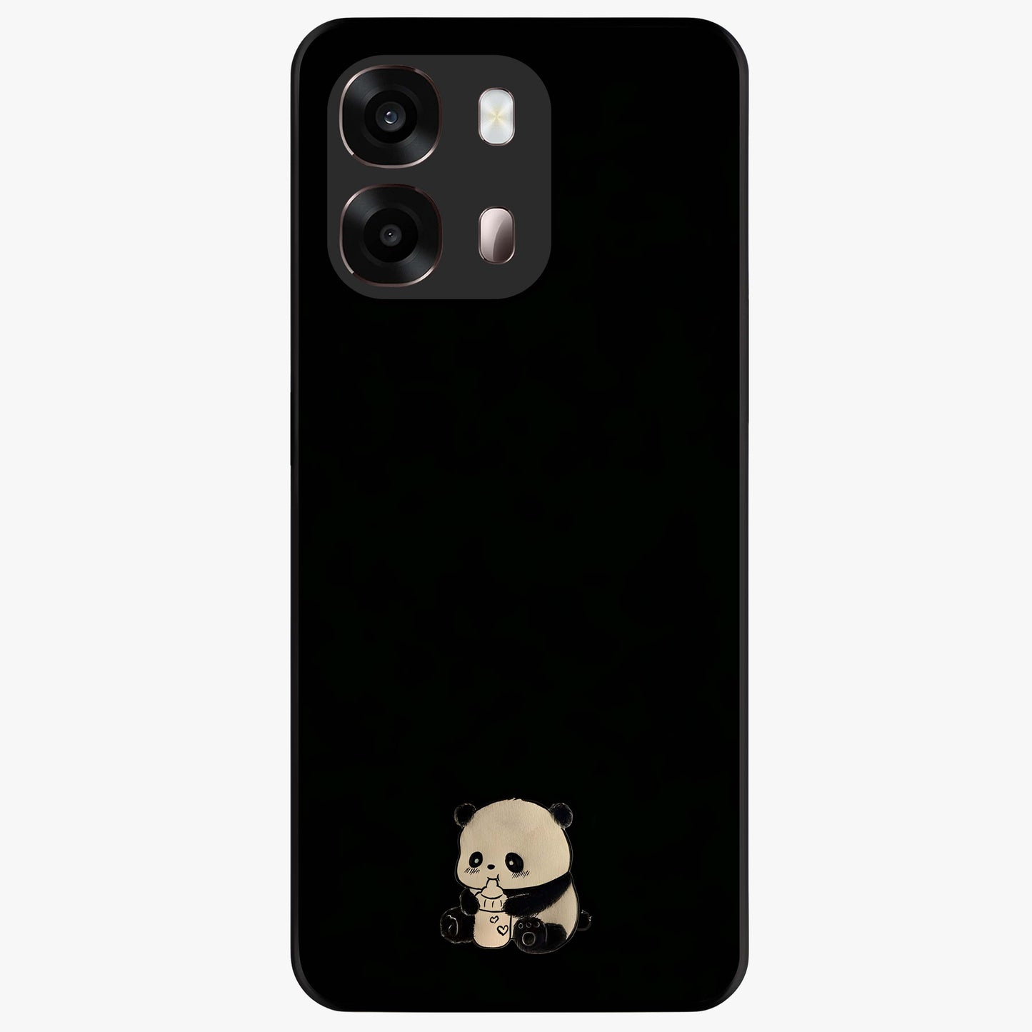 Midnight Panda Love Glass Case showing flat back view with cute panda themed artwork and glossy glass finish.