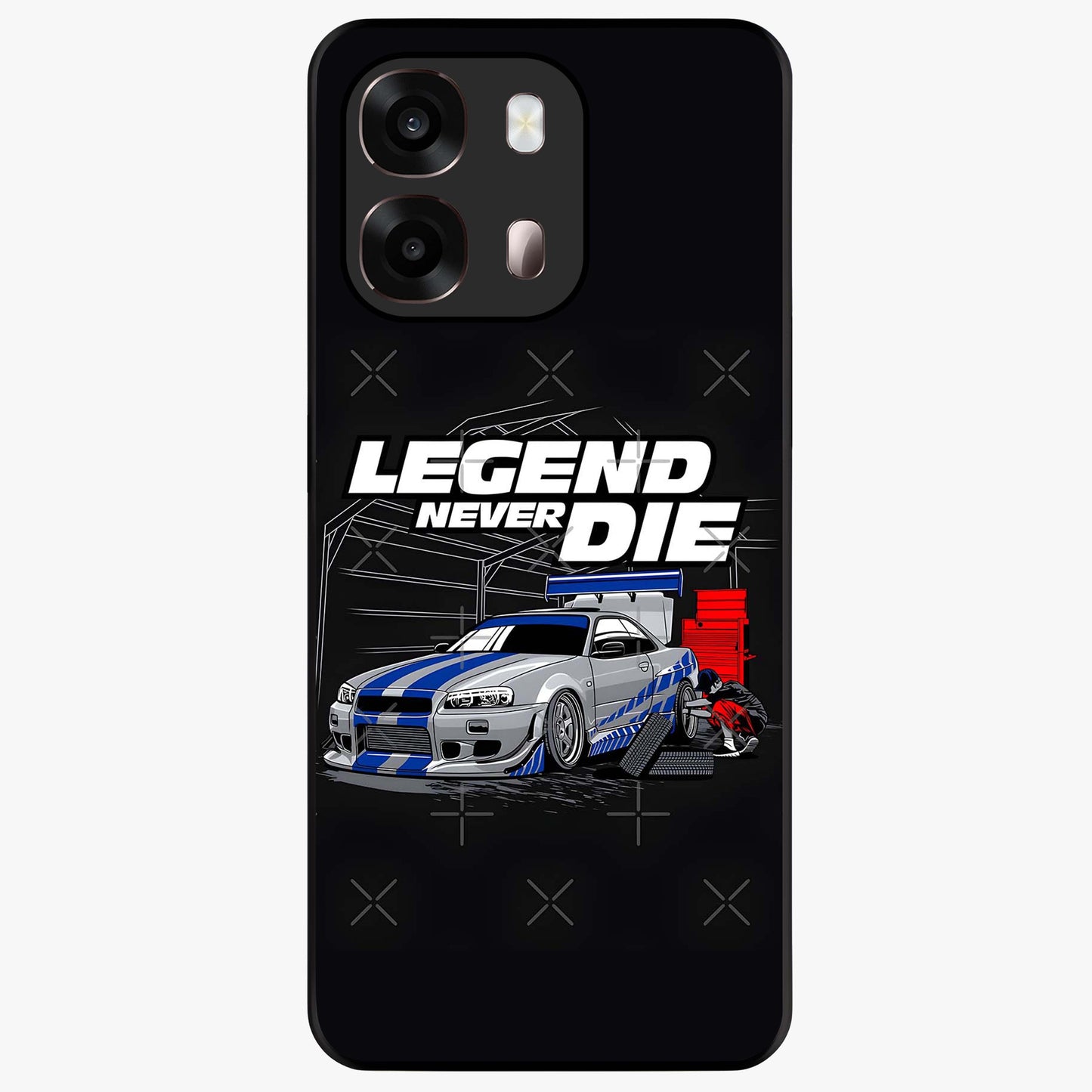 Midnight Racing Legacy Glass Case showing flat back view with sleek racing inspired artwork and glossy glass finish.