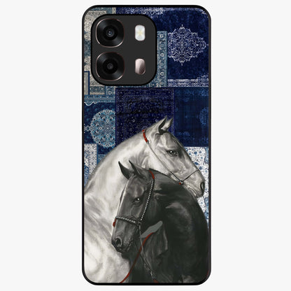 Midnight Stallion Blues Glass Case showing flat back view with majestic horse artwork and glossy glass finish.