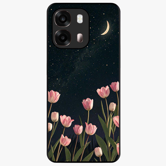 Midnight Tulip Whispers Vibe Glass Case showing flat back view with elegant tulip flower artwork and glossy glass finish.