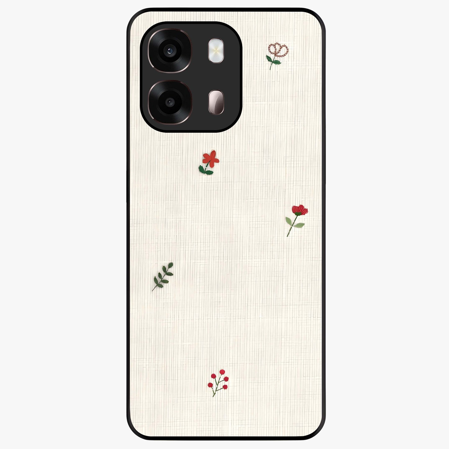 Minimal Petal Whispers Glass Case showing flat back view with soft minimal floral artwork and glossy glass finish.