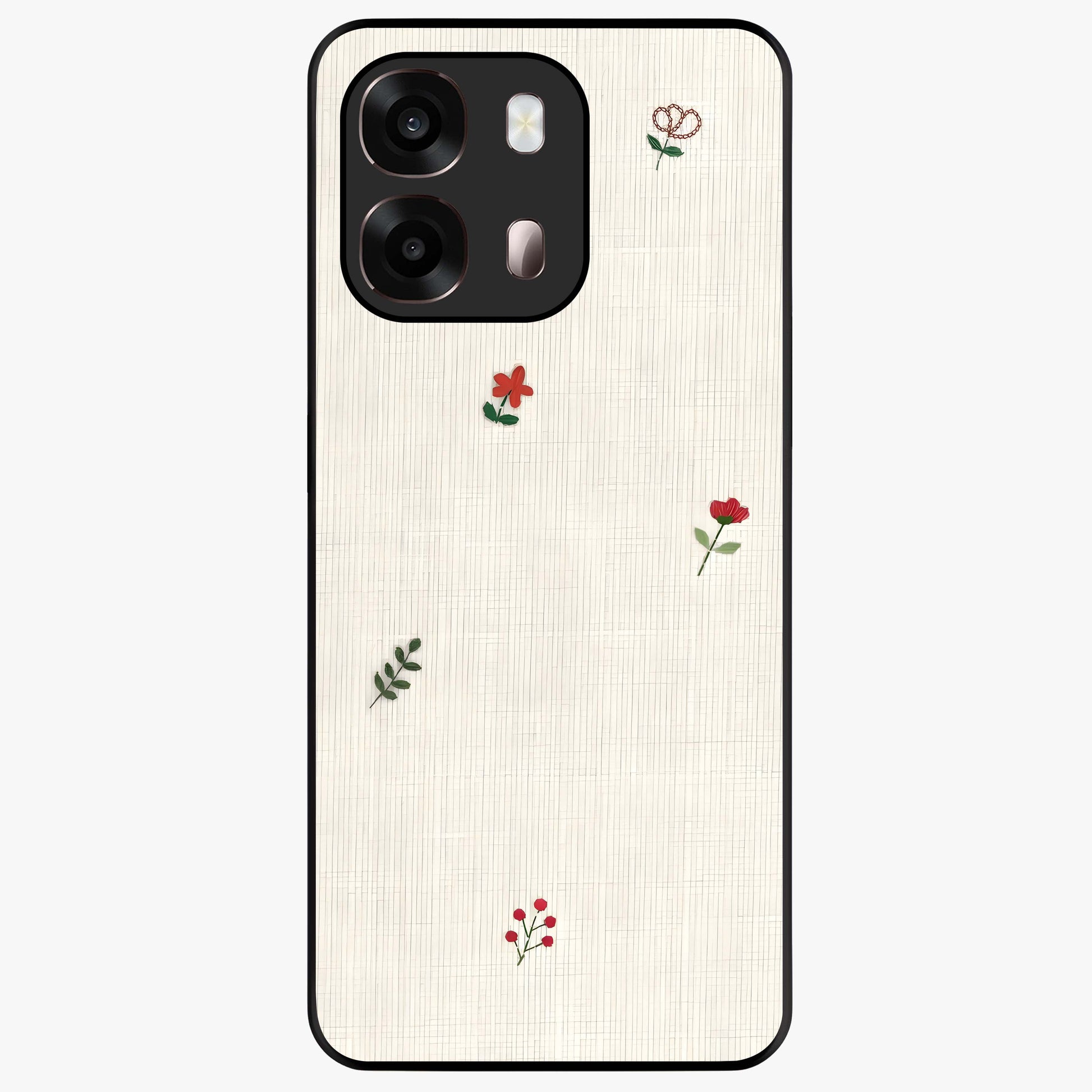 Minimal Petal Whispers Glass Case showing flat back view with soft minimal floral artwork and glossy glass finish.