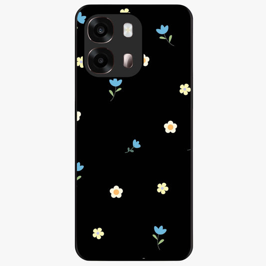 Minimalistic Blue With White Flower Pattern Glass Case showing flat back view with blue background and white flower pattern and glossy glass finish.
