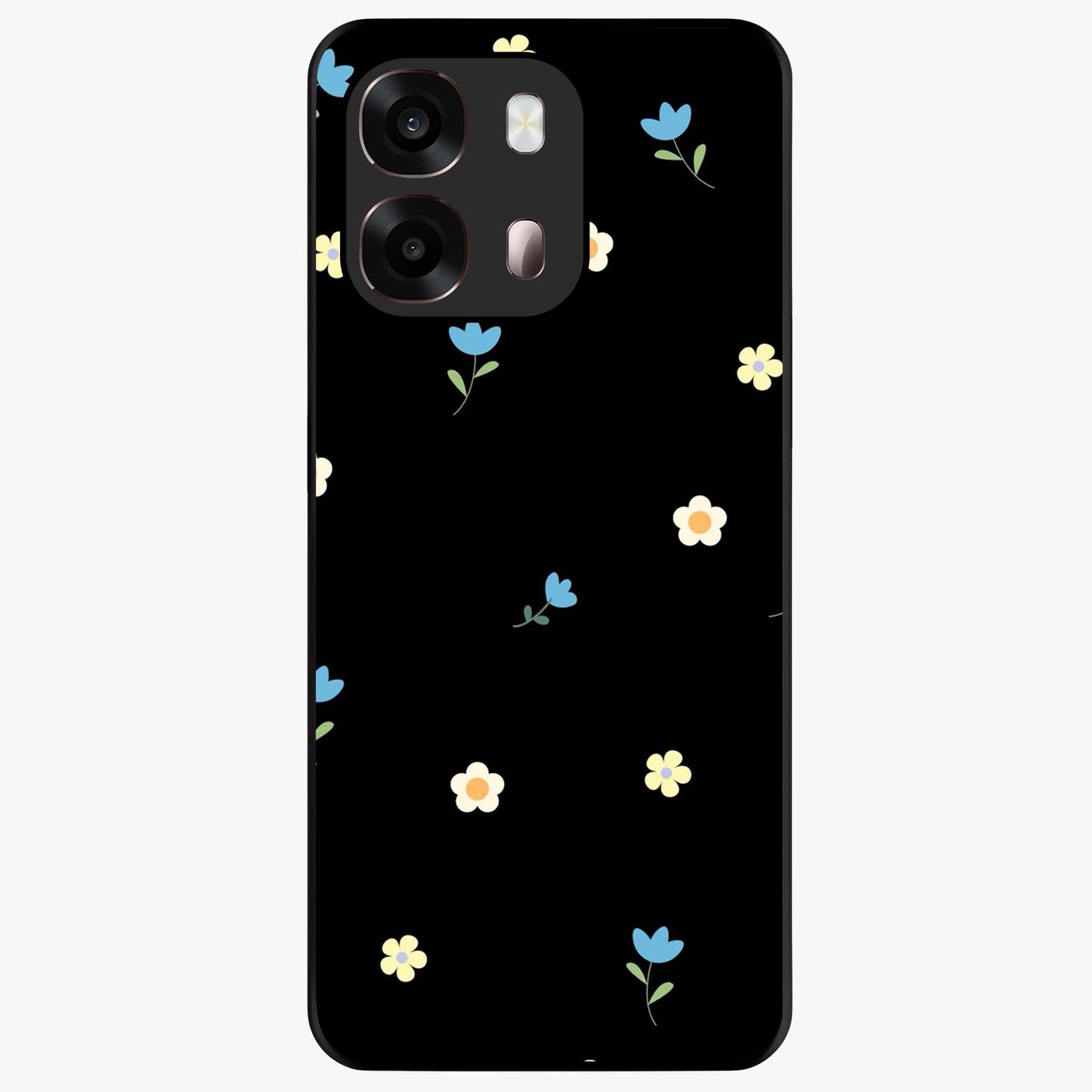 Minimalistic Blue With White Flower Pattern Glass Case showing flat back view with blue background and white flower pattern and glossy glass finish.