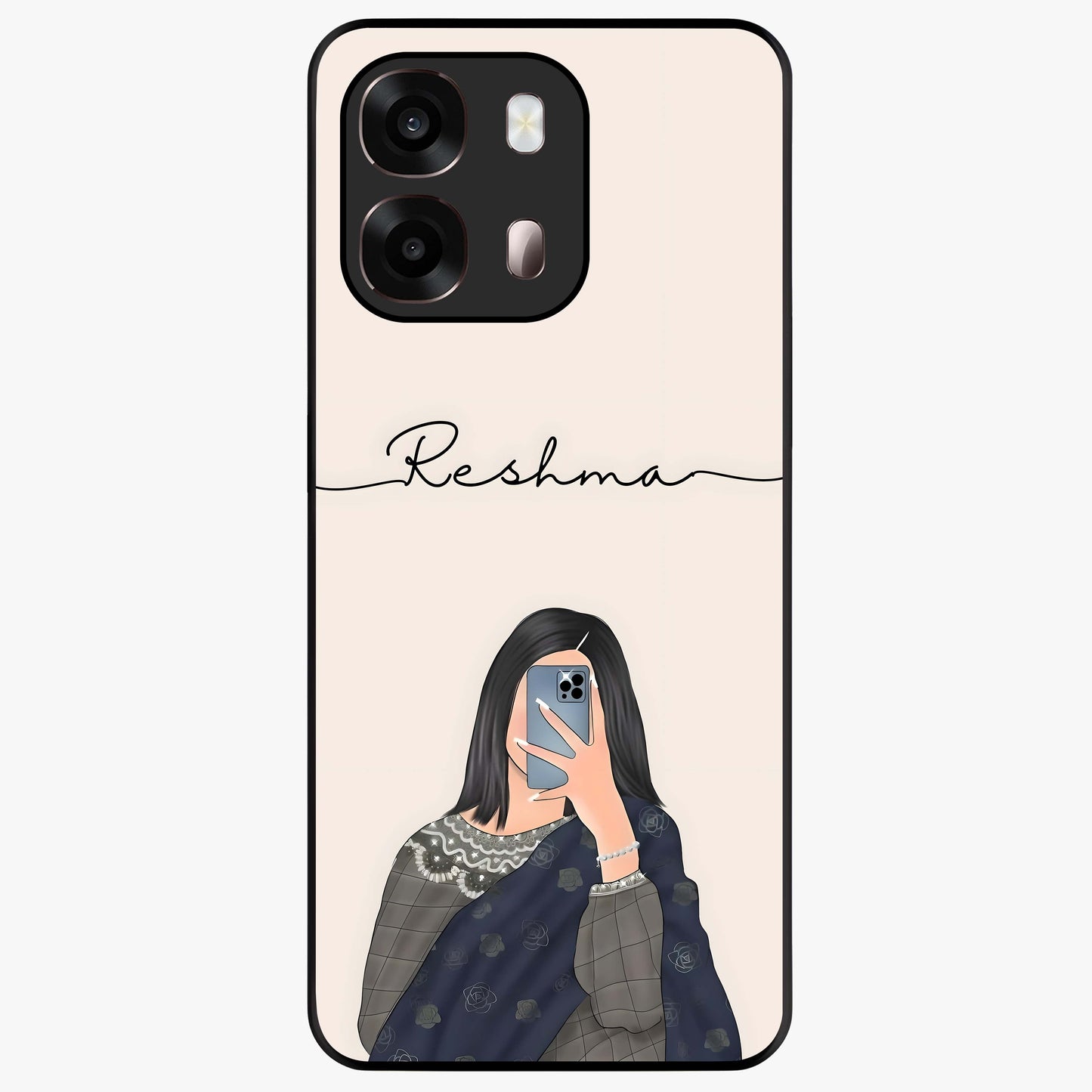 Mirror Mood Muse With Custom Name Glass Case showing flat back view with stylish mirrored artwork and personalized name design.