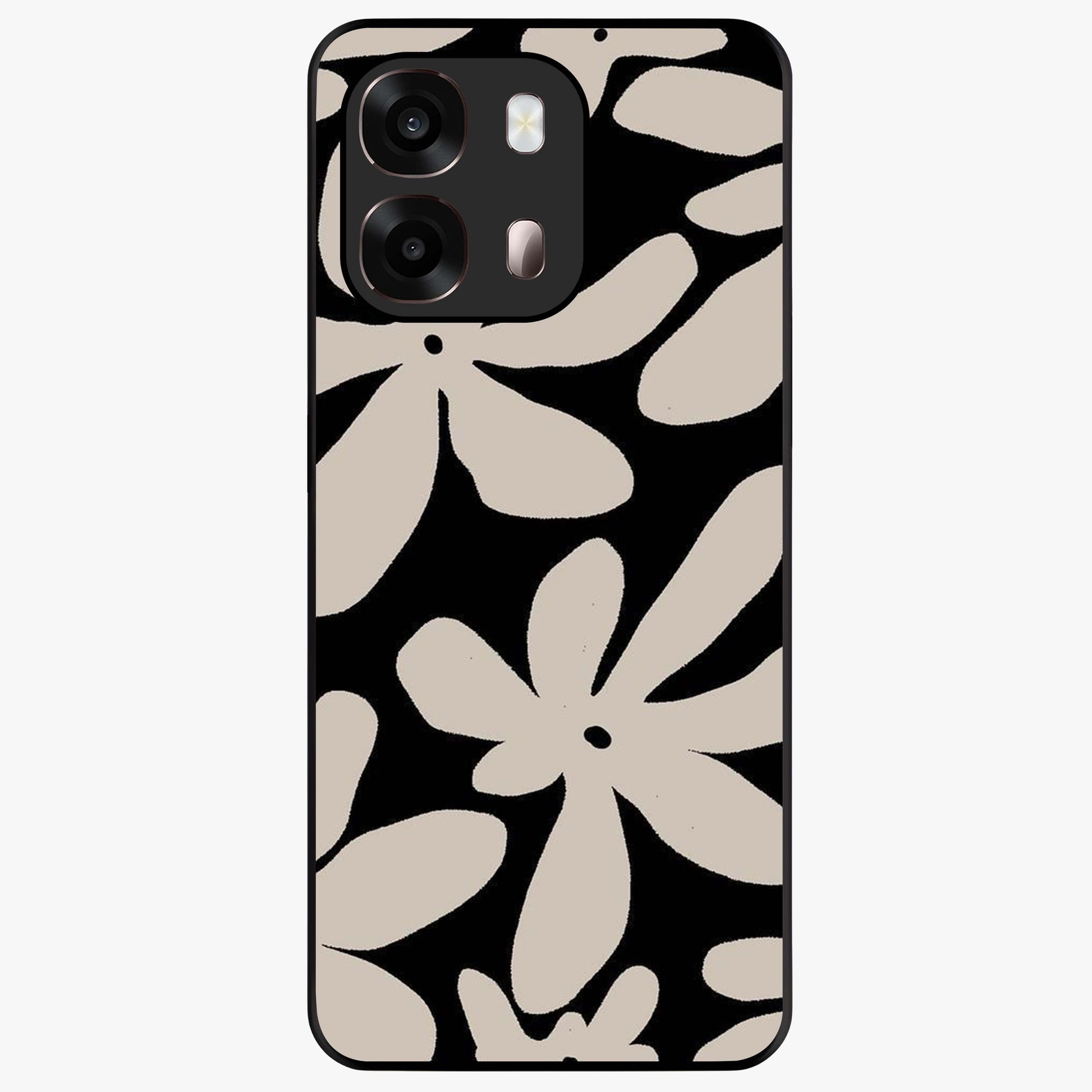 Monochrome Petal Dance Glass Case showing flat back view with monochrome floral artwork and glossy glass finish.