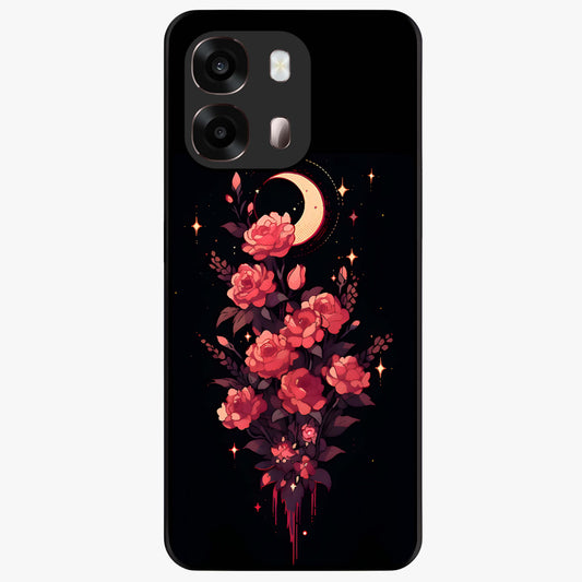 Moonlit Floral Elegance Glass Case showing flat back view with elegant floral artwork under moonlit tones and glossy glass finish.