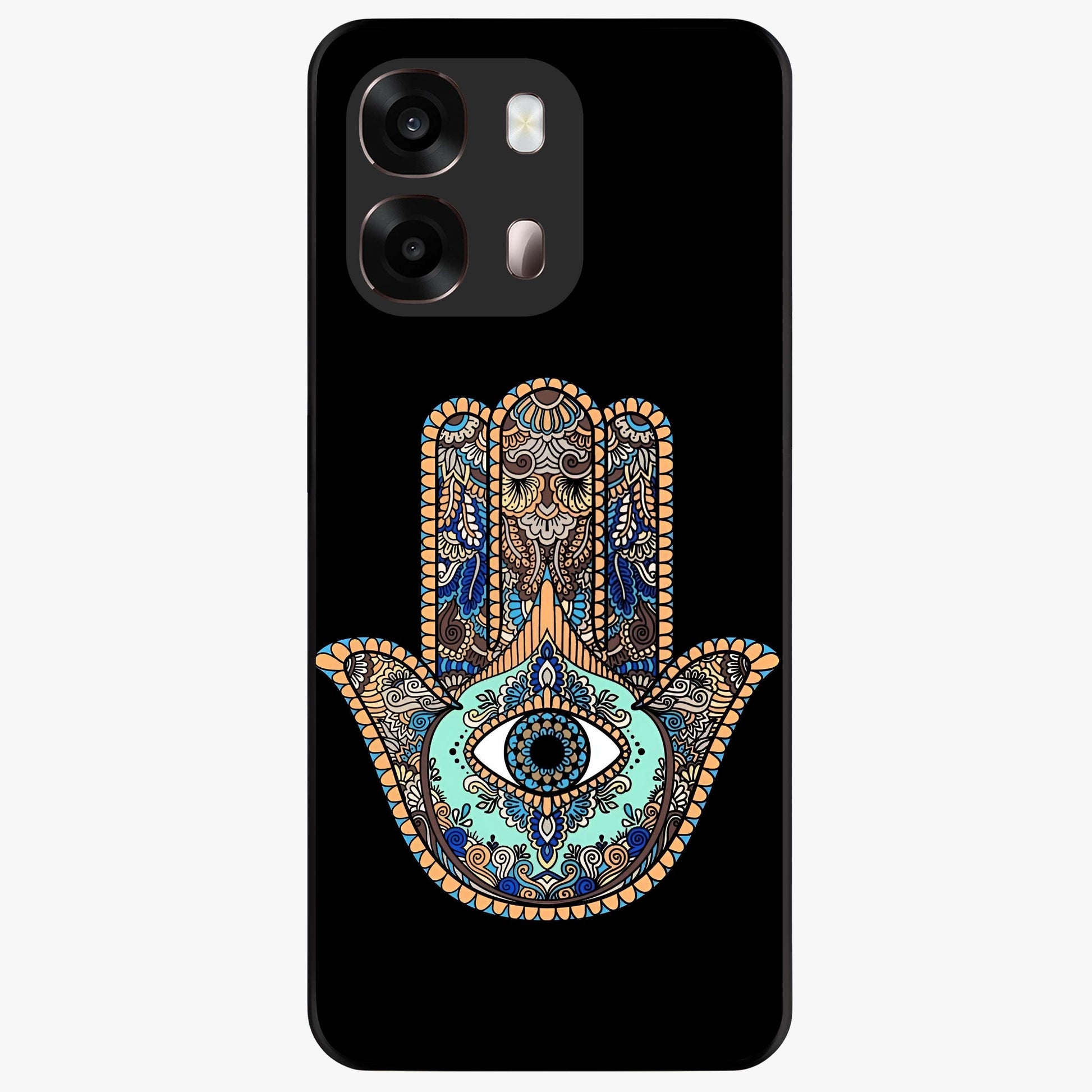 Mystic Hamsa Eye Glass Case showing flat back view with protective hamsa hand and evil eye artwork and glossy glass finish.