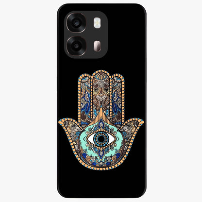 Mystic Hamsa Eye Glass Case showing flat back view with protective hamsa hand and evil eye artwork and glossy glass finish.