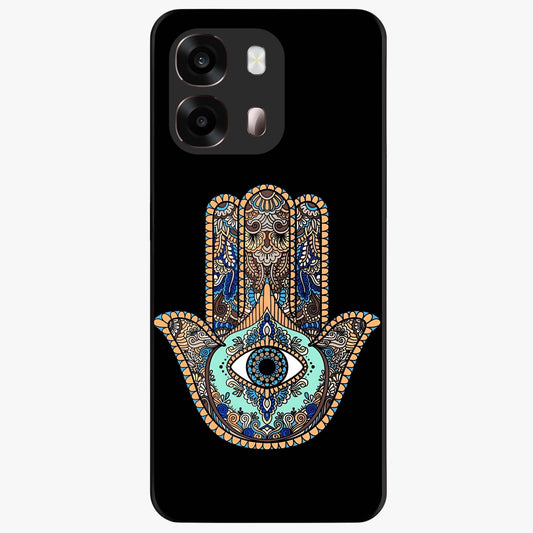 Mystic Hamsa Eye Glass Case showing flat back view with protective hamsa hand and evil eye artwork and glossy glass finish.