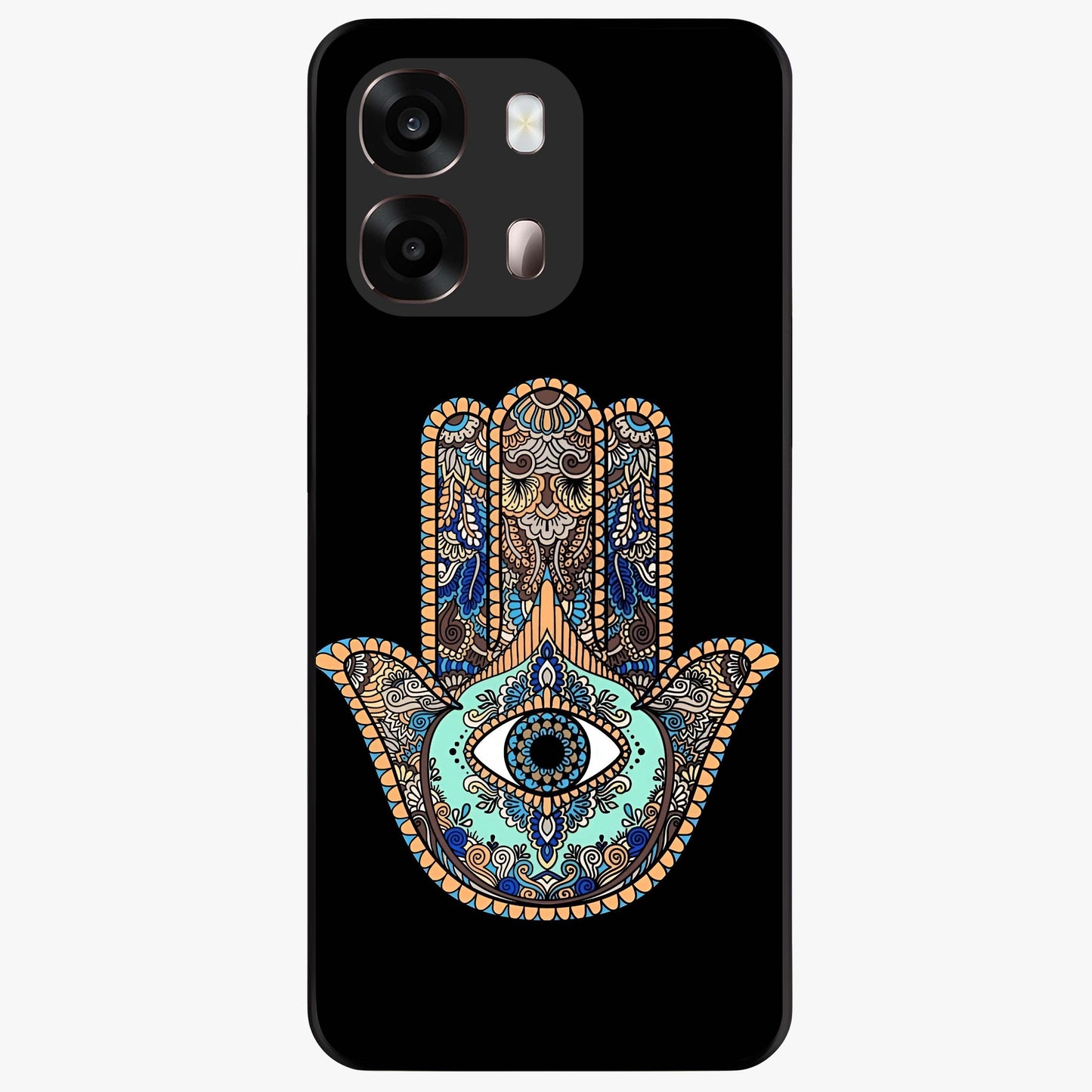 Mystic Hamsa Eye Glass Case showing flat back view with protective hamsa hand and evil eye artwork and glossy glass finish.